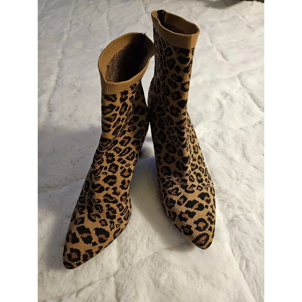 Cushionaire Ankle Boots Women 6.5 Brown Leopard GIPSEE Knit Stiletto Pointed Toe